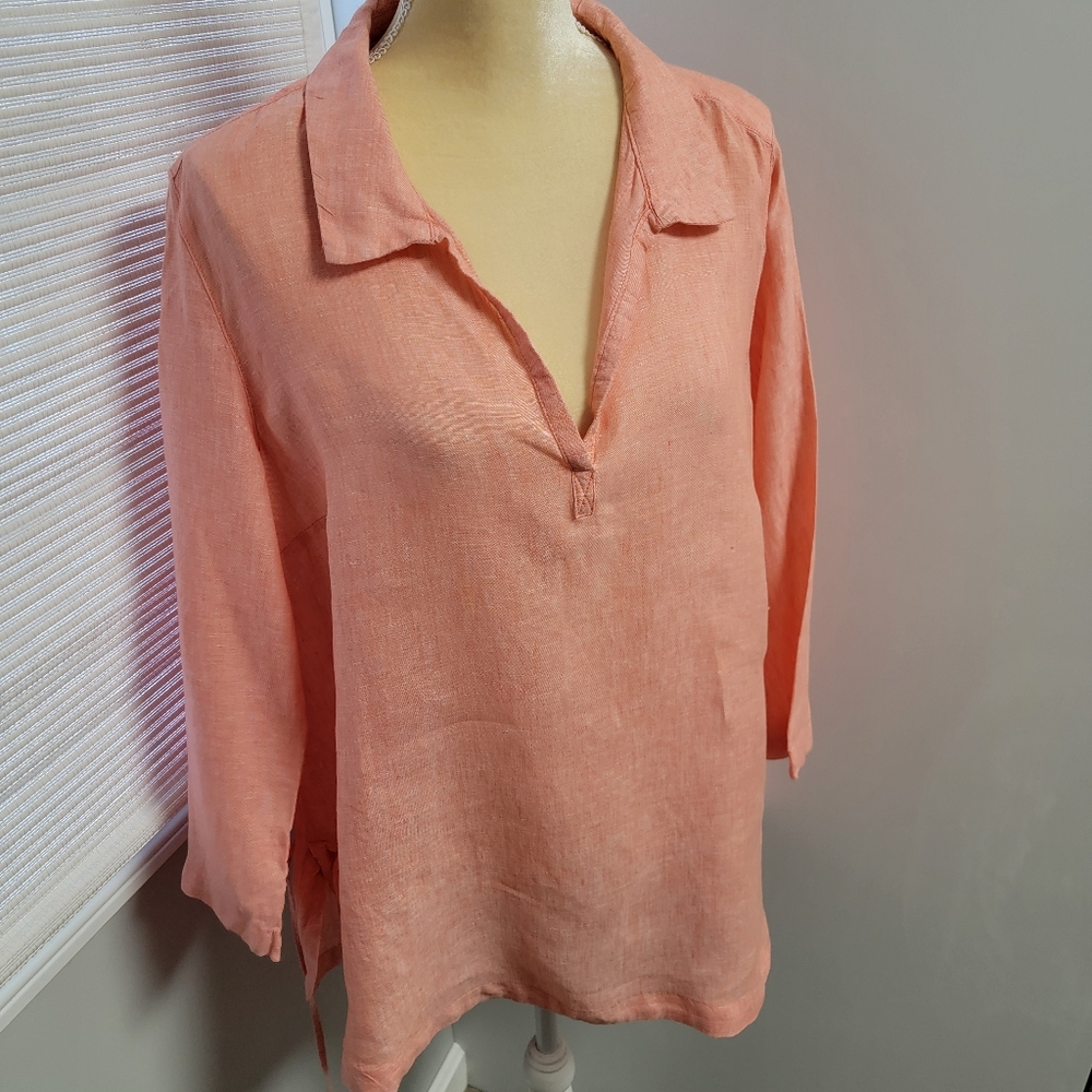 Sigrid Olsen Collar Tunic 100% Linen Shirt Orange Peach Beachy Casual Size Large